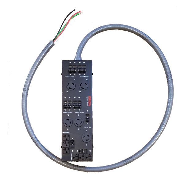 SCR3 10kVA power distribution unit. 8 foot input line cord hardwired. (6) 5-20R (1) L5-20R (2) L6-30R (2) L6-20R output receptacles. Wall mount or rack mount.