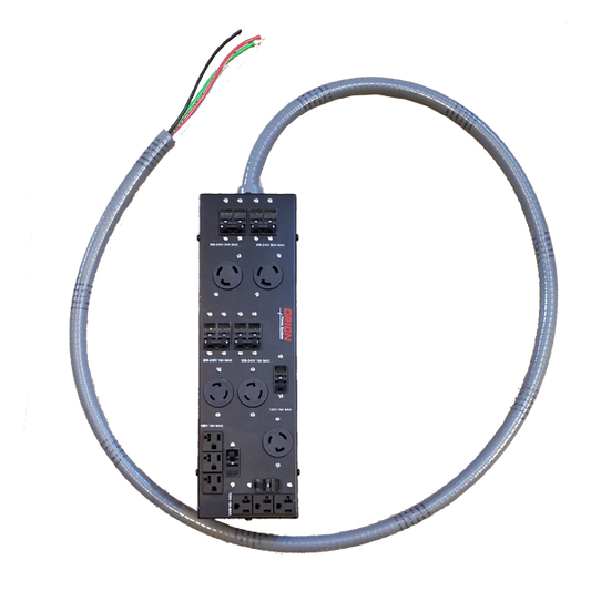SCR3 10kVA power distribution unit.  8 foot input line cord hardwired. (6) 5-20R (1) L5-20R (2) L6-30R (2) L6-20R output receptacles.  Wall mount or rack mount.
